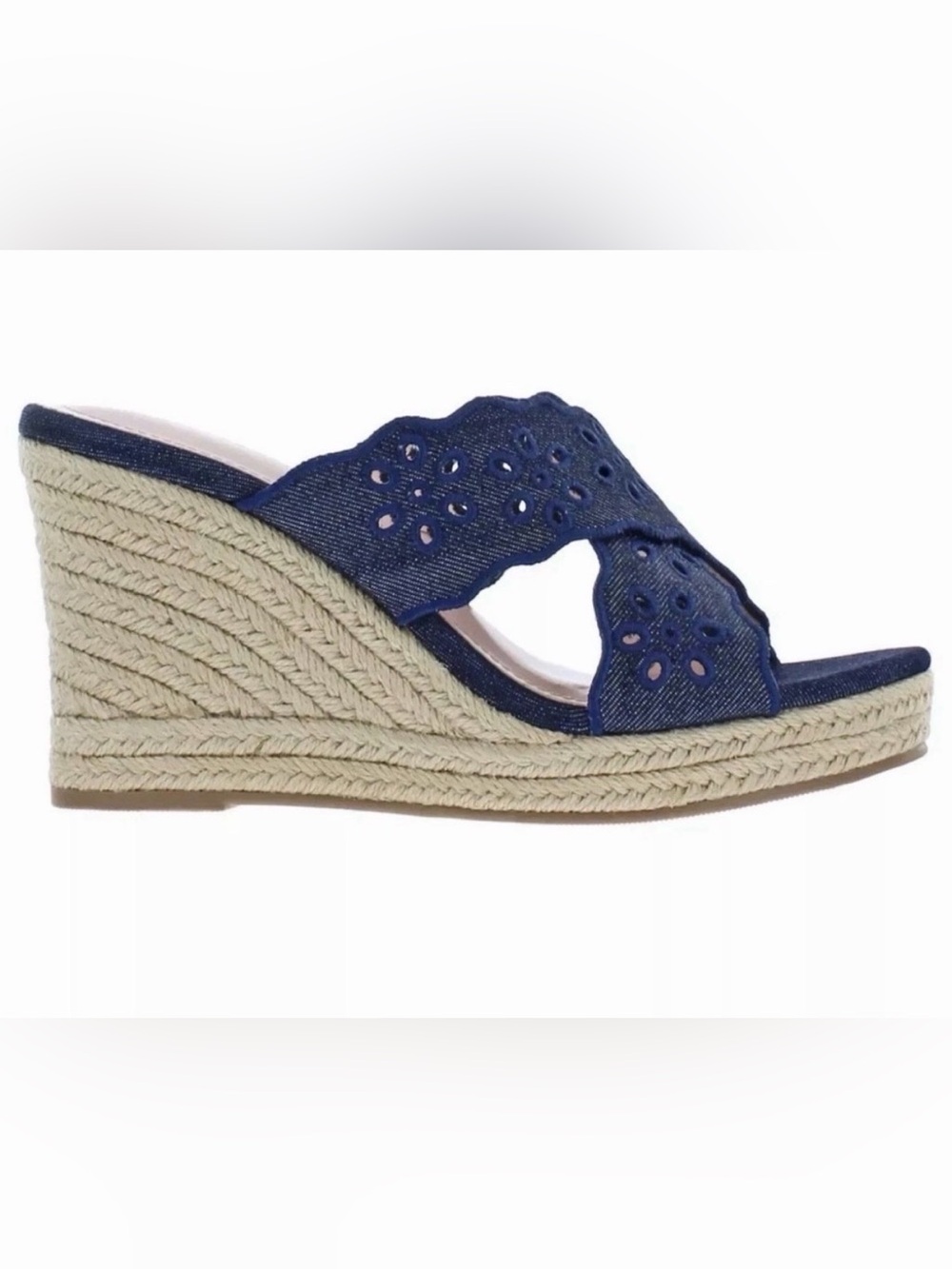 Draper James Navy Denim Eyelet Espadrille Wedge Sandals